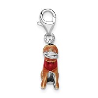 Amore La Vita Sterling Silver Rhodium-plated Polished 3-D Enameled Light Brown Dog and Frisbee Charm with Fancy Lobster Clasp view 2