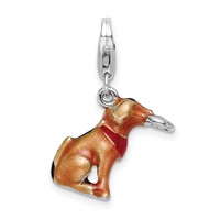 Amore La Vita Sterling Silver Rhodium-plated Polished 3-D Enameled Light Brown Dog and Frisbee Charm with Fancy Lobster Clasp view 3