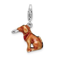 Amore La Vita Sterling Silver Rhodium-plated Polished 3-D Enameled Light Brown Dog and Frisbee Charm with Fancy Lobster Clasp view 1