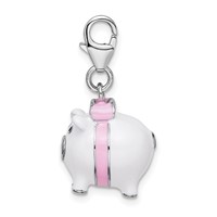 Amore La Vita Sterling Silver Rhodium-plated Polished 3-D Enameled Pig Charm with Fancy Lobster Clasp view 2