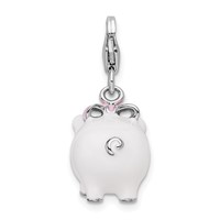 Amore La Vita Sterling Silver Rhodium-plated Polished 3-D Enameled Pig Charm with Fancy Lobster Clasp view 3