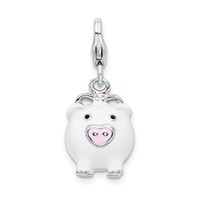 Amore La Vita Sterling Silver Rhodium-plated Polished 3-D Enameled Pig Charm with Fancy Lobster Clasp view 1