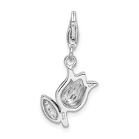 Amore La Vita Sterling Silver Rhodium-plated Polished CZ Red Enameled Tulip Flower Charm with Fancy Lobster Clasp view 3