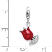 Amore La Vita Sterling Silver Rhodium-plated Polished CZ Red Enameled Tulip Flower Charm with Fancy Lobster Clasp view 4