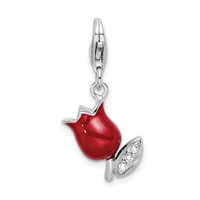 Amore La Vita Sterling Silver Rhodium-plated Polished CZ Red Enameled Tulip Flower Charm with Fancy Lobster Clasp view 1