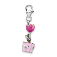Amore La Vita Sterling Silver Rhodium-plated Polished 3-D Pink Enameled Potted Tulip Charm with Fancy Lobster Clasp view 2