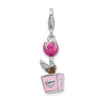 Amore La Vita Sterling Silver Rhodium-plated Polished 3-D Pink Enameled Potted Tulip Charm with Fancy Lobster Clasp view 3