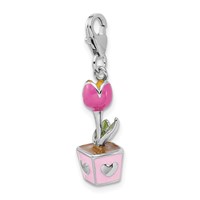Amore La Vita Sterling Silver Rhodium-plated Polished 3-D Pink Enameled Potted Tulip Charm with Fancy Lobster Clasp view 4