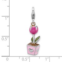 Amore La Vita Sterling Silver Rhodium-plated Polished 3-D Pink Enameled Potted Tulip Charm with Fancy Lobster Clasp view 5