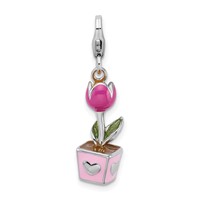 Amore La Vita Sterling Silver Rhodium-plated Polished 3-D Pink Enameled Potted Tulip Charm with Fancy Lobster Clasp view 1