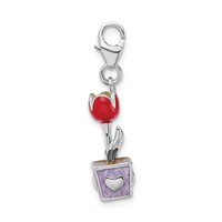 Amore La Vita Sterling Silver Rhodium-plated Polished 3-D Red Enameled Potted Tulip Flower Charm with Fancy Lobster Clasp view 2