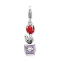 Amore La Vita Sterling Silver Rhodium-plated Polished 3-D Red Enameled Potted Tulip Flower Charm with Fancy Lobster Clasp view 3