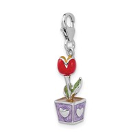 Amore La Vita Sterling Silver Rhodium-plated Polished 3-D Red Enameled Potted Tulip Flower Charm with Fancy Lobster Clasp view 4