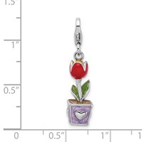 Amore La Vita Sterling Silver Rhodium-plated Polished 3-D Red Enameled Potted Tulip Flower Charm with Fancy Lobster Clasp view 5