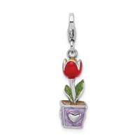 Amore La Vita Sterling Silver Rhodium-plated Polished 3-D Red Enameled Potted Tulip Flower Charm with Fancy Lobster Clasp view 1