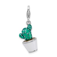 Amore La Vita Sterling Silver Rhodium-plated Polished 3-D Enameled Potted Green Cactus Charm with Fancy Lobster Clasp view 3