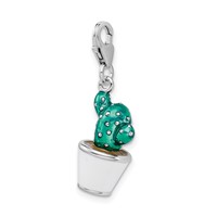 Amore La Vita Sterling Silver Rhodium-plated Polished 3-D Enameled Potted Green Cactus Charm with Fancy Lobster Clasp view 4