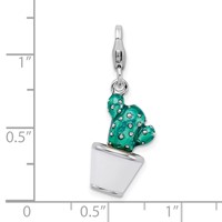 Amore La Vita Sterling Silver Rhodium-plated Polished 3-D Enameled Potted Green Cactus Charm with Fancy Lobster Clasp view 5