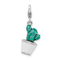 Amore La Vita Sterling Silver Rhodium-plated Polished 3-D Enameled Potted Green Cactus Charm with Fancy Lobster Clasp view 1