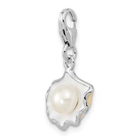 Amore La Vita Sterling Silver Rhodium-plated Polished 3-D Enameled Shell with a Freshwater Cultured Pearl Charm with Fancy Lobster Clasp view 4