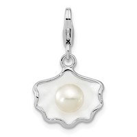 Amore La Vita Sterling Silver Rhodium-plated Polished 3-D Enameled Shell with a Freshwater Cultured Pearl Charm with Fancy Lobster Clasp view 1