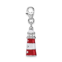 Amore La Vita Sterling Silver Rhodium-plated Polished 3-D Red Enameled Crystal Lighthouse Charm with Fancy Lobster Clasp view 2