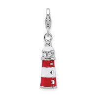 Amore La Vita Sterling Silver Rhodium-plated Polished 3-D Red Enameled Crystal Lighthouse Charm with Fancy Lobster Clasp view 3