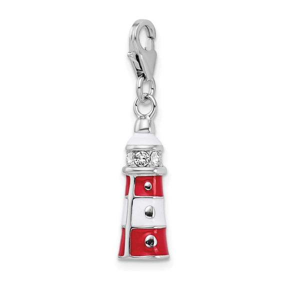 Amore La Vita Sterling Silver Rhodium-plated Polished 3-D Red Enameled Crystal Lighthouse Charm with Fancy Lobster Clasp