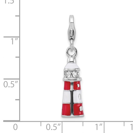 Amore La Vita Sterling Silver Rhodium-plated Polished 3-D Red Enameled Crystal Lighthouse Charm with Fancy Lobster Clasp