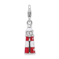 Amore La Vita Sterling Silver Rhodium-plated Polished 3-D Red Enameled Crystal Lighthouse Charm with Fancy Lobster Clasp view 1
