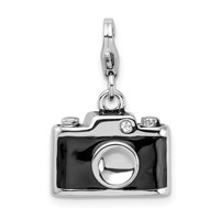 Amore La Vita Sterling Silver Rhodium-plated Polished 3-D Enameled Crystal Camera Charm with Fancy Lobster Clasp view 1