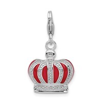 Amore La Vita Sterling Silver Rhodium-plated Polished 3-D Crystal and Red Enameled Crown Charm with Fancy Lobster Clasp view 3