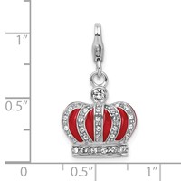 Amore La Vita Sterling Silver Rhodium-plated Polished 3-D Crystal and Red Enameled Crown Charm with Fancy Lobster Clasp view 5