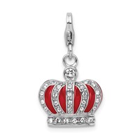 Amore La Vita Sterling Silver Rhodium-plated Polished 3-D Crystal and Red Enameled Crown Charm with Fancy Lobster Clasp view 1