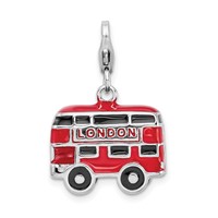Amore La Vita Sterling Silver Rhodium-plated Polished 3-D Enameled Double Decker London Bus Charm with Fancy Lobster Clasp view 1