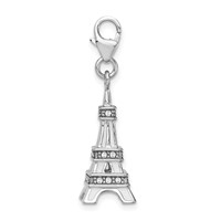 Amore La Vita Sterling Silver Rhodium-plated Polished 3-D Enameled Crystal Eiffel Tower Charm with Fancy Lobster Clasp view 2