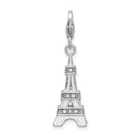 Amore La Vita Sterling Silver Rhodium-plated Polished 3-D Enameled Crystal Eiffel Tower Charm with Fancy Lobster Clasp view 3