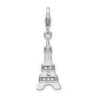 Amore La Vita Sterling Silver Rhodium-plated Polished 3-D Enameled Crystal Eiffel Tower Charm with Fancy Lobster Clasp view 1