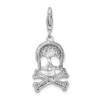 Amore La Vita Sterling Silver Rhodium-plated Polished CZ Skull and Cross Bones Charm with Fancy Lobster Clasp view 3