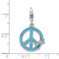 Amore La Vita Sterling Silver Rhodium-plated Polished Enameled Peace Sign with Dragonfly Charm with Fancy Lobster Clasp view 4