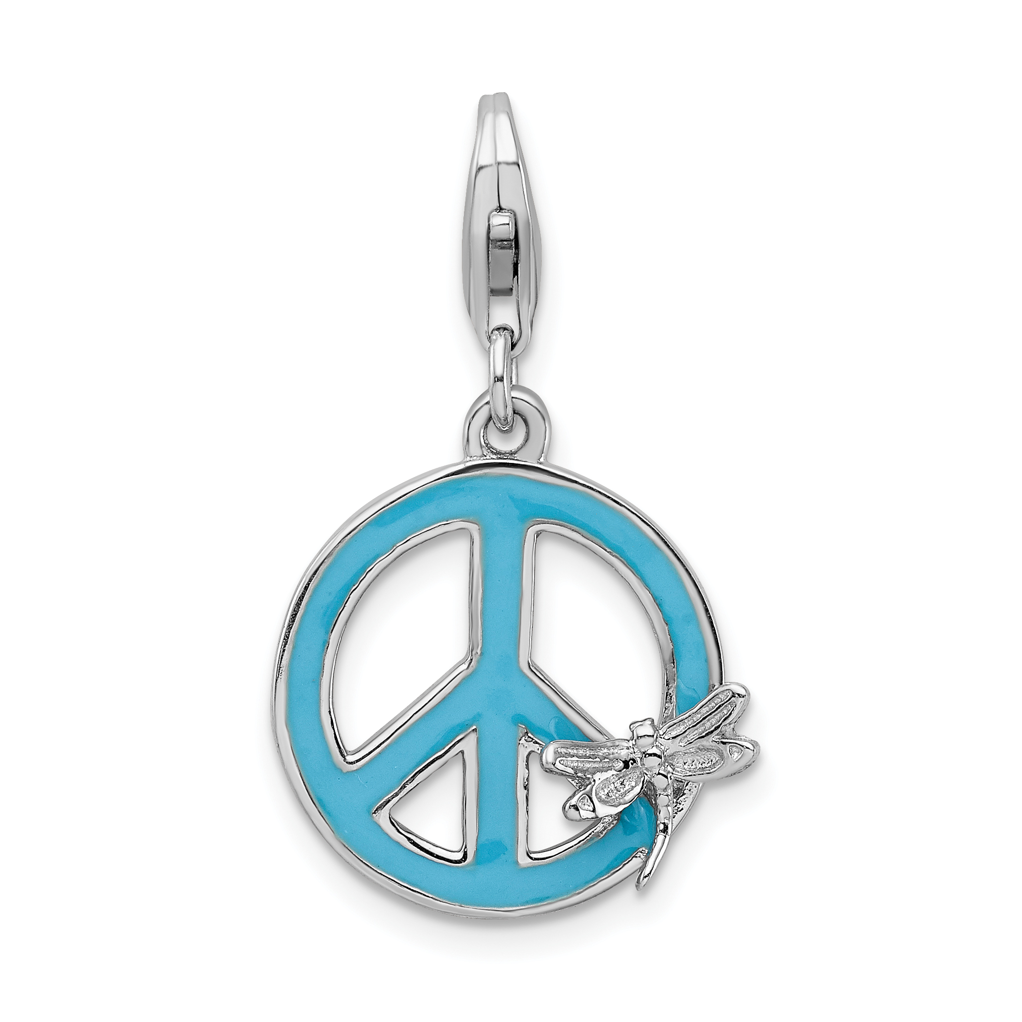 Amore La Vita Silver Polished Enameled Peace Sign with Dragonfly