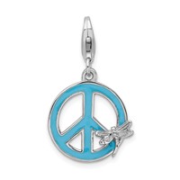 Amore La Vita Sterling Silver Rhodium-plated Polished Enameled Peace Sign with Dragonfly Charm with Fancy Lobster Clasp view 1