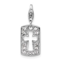 Amore La Vita Sterling Silver Rhodium-plated Polished Reversible CZ Cut-out Cross Faith Clip-on Charm with Fancy Lobster Clasp view 1