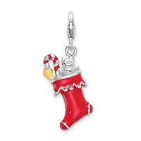 Amore La Vita Sterling Silver Rhodium-plated Polished 3-D Red Enameled Holiday Stocking Charm with Fancy Lobster Clasp view 3