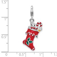 Amore La Vita Sterling Silver Rhodium-plated Polished 3-D Red Enameled Holiday Stocking Charm with Fancy Lobster Clasp view 4