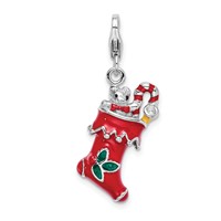Amore La Vita Sterling Silver Rhodium-plated Polished 3-D Red Enameled Holiday Stocking Charm with Fancy Lobster Clasp view 1