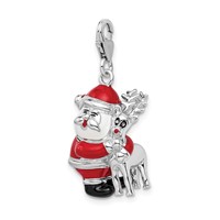 Amore La Vita Sterling Silver Rhodium-plated Polished 3-D Enameled Santa and Reindeer Charm with Fancy Lobster Clasp view 4