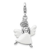 Amore La Vita Sterling Silver Rhodium-plated Polished 3-D White Enameled Crystal Angel Charm with Fancy Lobster Clasp view 1