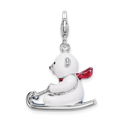 Amore La Vita Sterling Silver Rhodium-plated Polished 3-D Enameled Polar Bear on Sled Charm with Fancy Lobster Clasp
