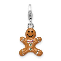 Amore La Vita Sterling Silver Rhodium-plated Polished 3-D Enameled Gingerbread Cookie Charm with Fancy Lobster Clasp view 1